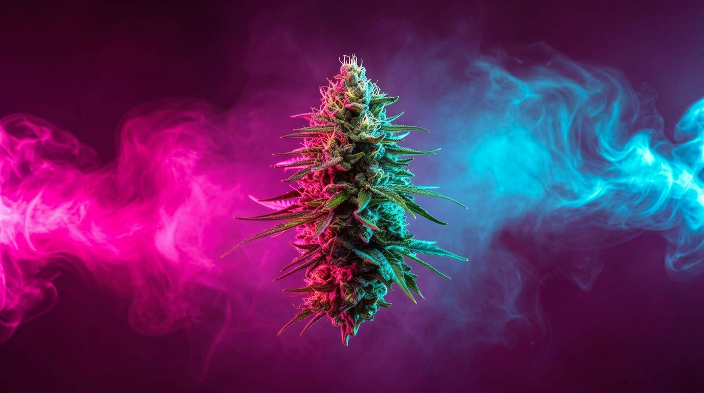 Premium cannabis flower glowing in neon pink and blue light